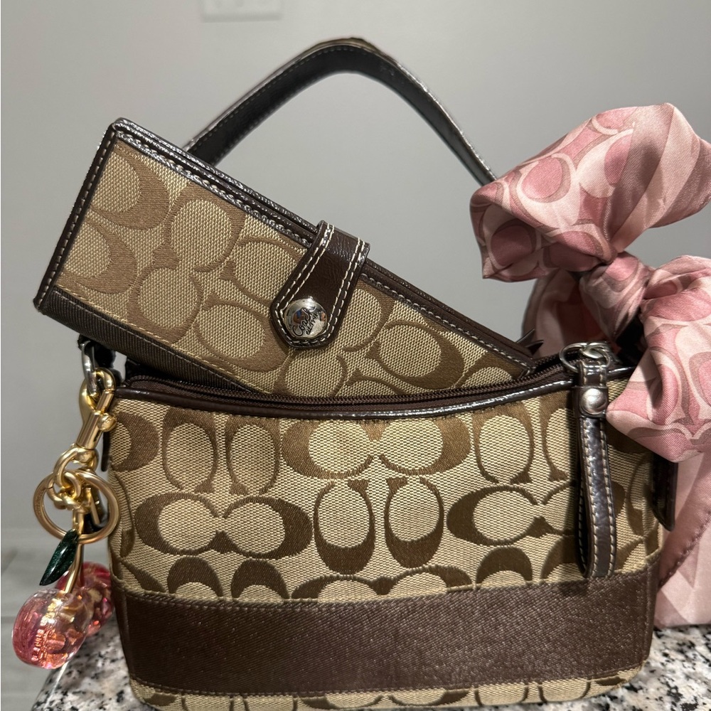 Coach Brown and Tan Shoulder Bag with Pink Accent